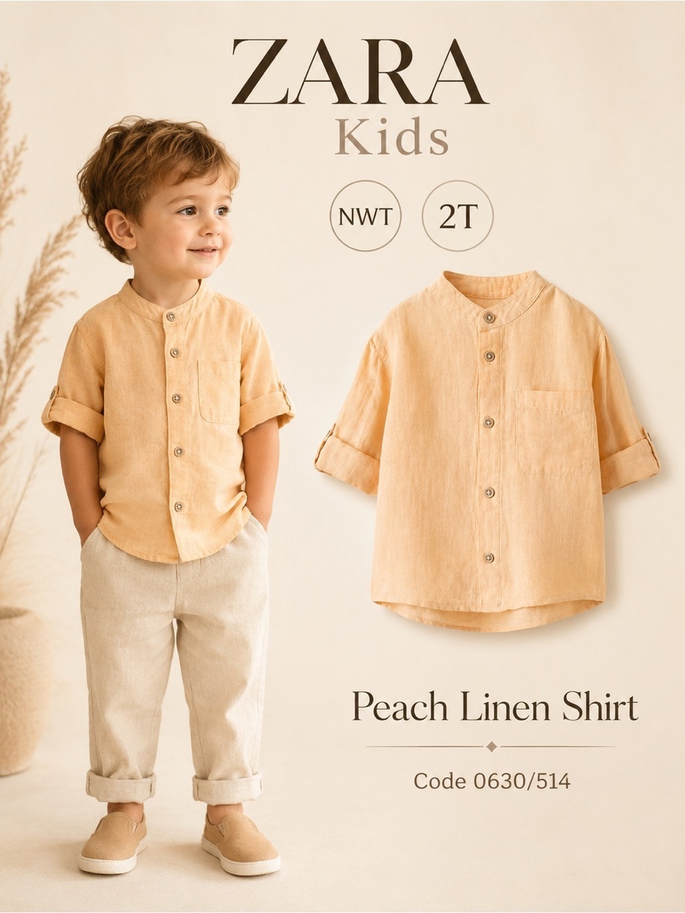Zara Kids Peach 100% Linen Button Down Shirt NWT 2T